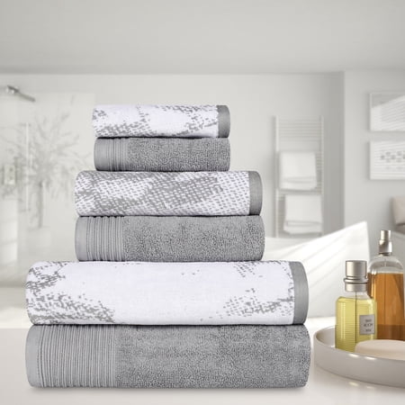 BNM Cotton 6 Piece Assorted Solid and Marble Towel Set, Gray