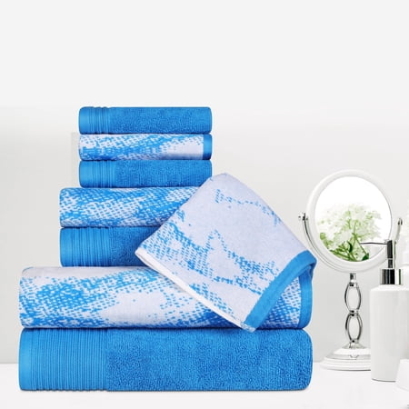 BNM Cotton 8 Piece Assorted Solid and Marble Towel Set, Blue