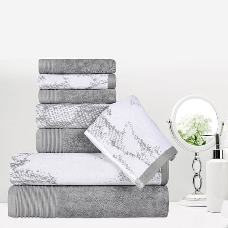 BNM Cotton 8 Piece Assorted Solid and Marble Towel Set, Gray