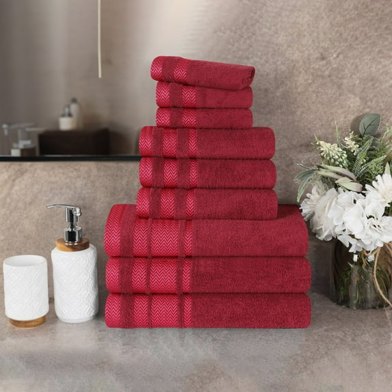 BNM Cotton 9 Piece Bathroom Towel Set, Cranberry