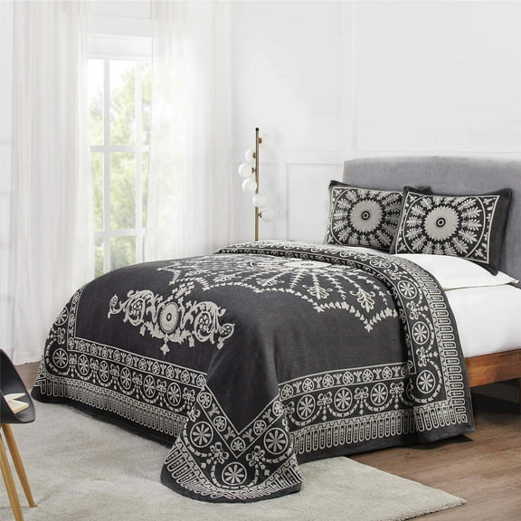 BNM Cotton Blend Classic Medallion Bedspread Set, King, Charcoal