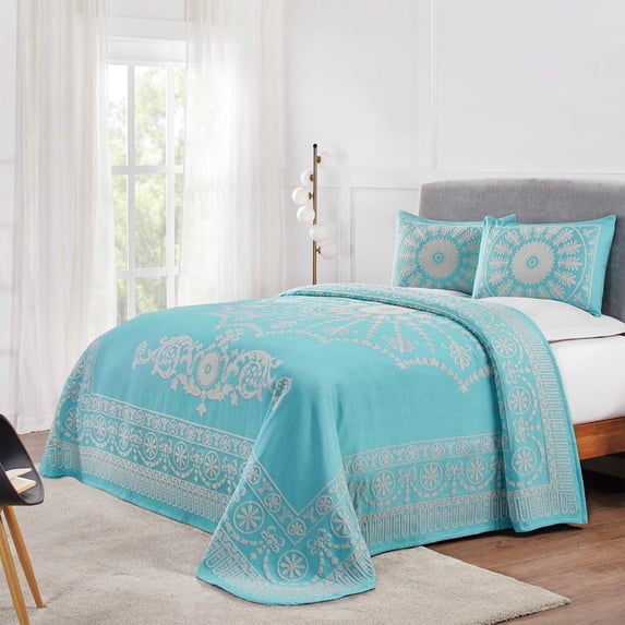 BNM Cotton Blend Classic Medallion Bedspread Set, Twin, Aqua