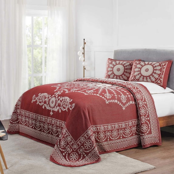 BNM Cotton Blend Classic Medallion Bedspread Set, Twin, Berry Red