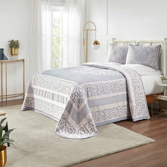 BNM Cotton Blend Floral Scroll Bedspread Set, Full, Slate Blue