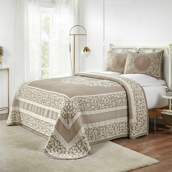 BNM Cotton Blend Floral Scroll Bedspread Set, Full, Taupe