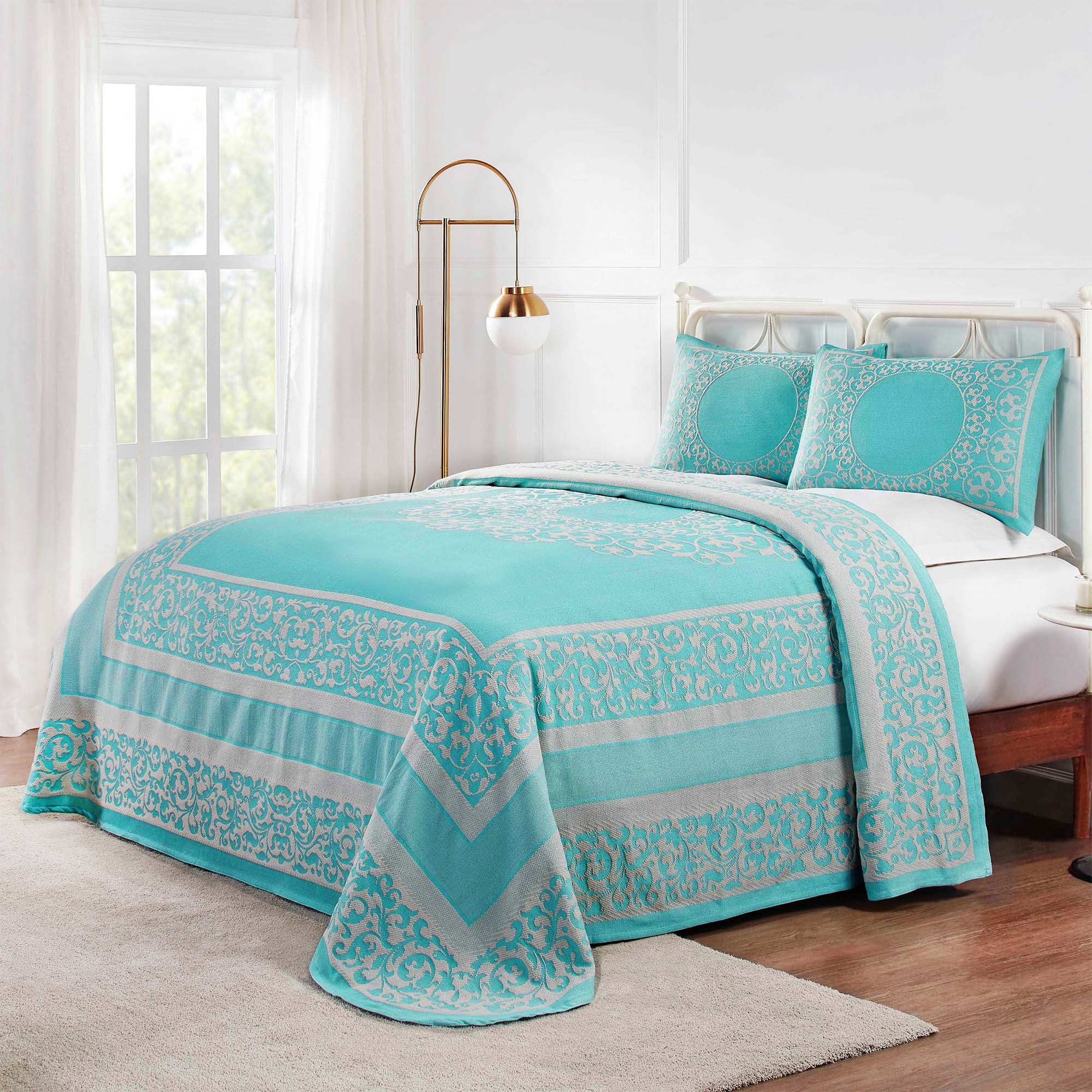 BNM Cotton Blend Floral Scroll Bedspread Set, Queen, Aqua