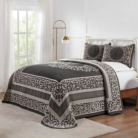 BNM Cotton Blend Floral Scroll Bedspread Set, Queen, Charcoal