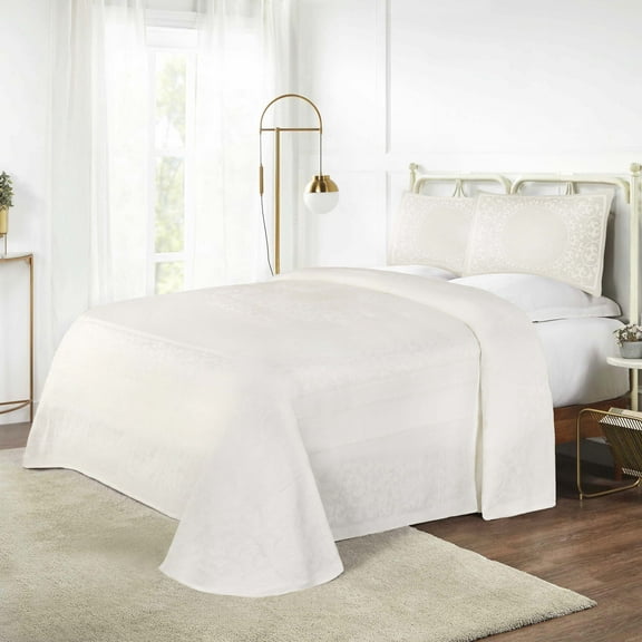BNM Cotton Blend Floral Scroll Bedspread Set, Queen, Off White
