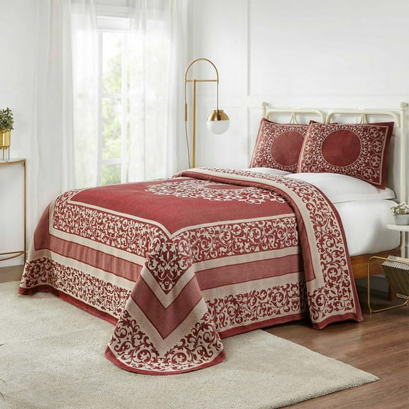BNM Cotton Blend Floral Scroll Bedspread Set, Twin, Berry Red