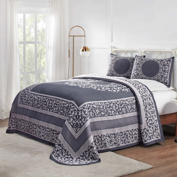 BNM Cotton Blend Floral Scroll Bedspread Set, Twin, Denim Blue