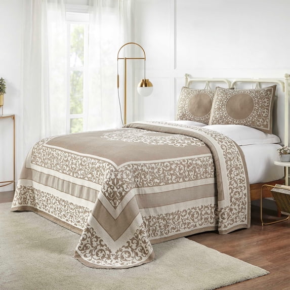 BNM Cotton Blend Floral Scroll Bedspread Set, Twin, Taupe