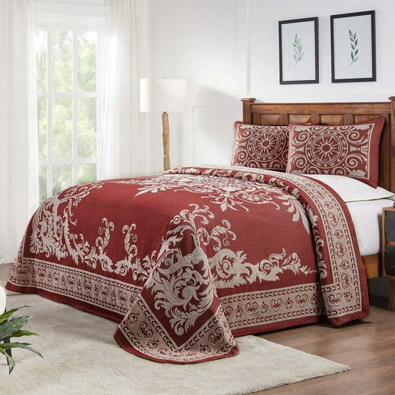 BNM Cotton Blend Vintage Medallion Bedspread Set, Full, Berry Red
