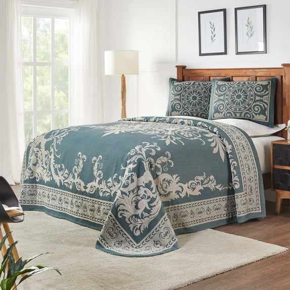 BNM Cotton Blend Vintage Medallion Bedspread Set, Full, Cerulean Blue