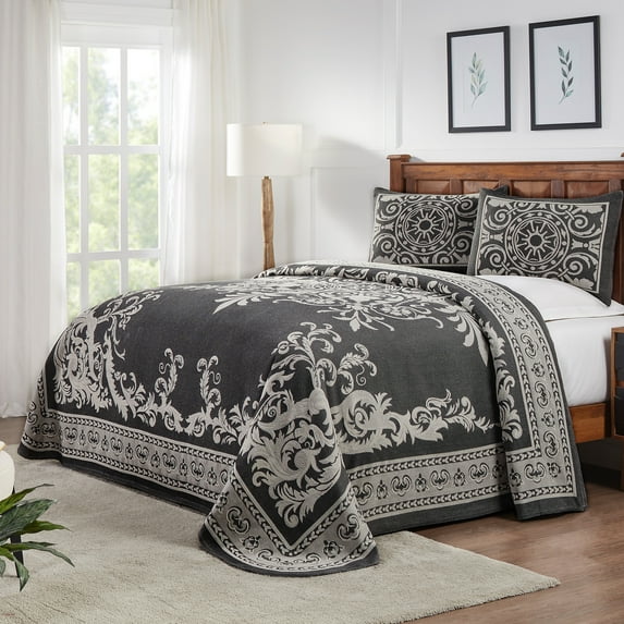 BNM Cotton Blend Vintage Medallion Bedspread Set, Full, Charcoal