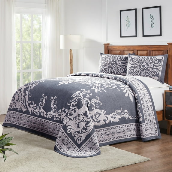 BNM Cotton Blend Vintage Medallion Bedspread Set, Full, Denim Blue