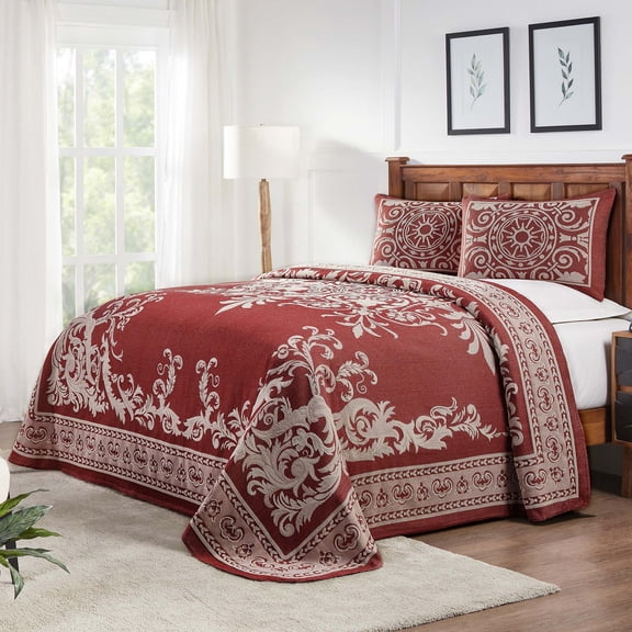 BNM Cotton Blend Vintage Medallion Bedspread Set, King, Berry Red