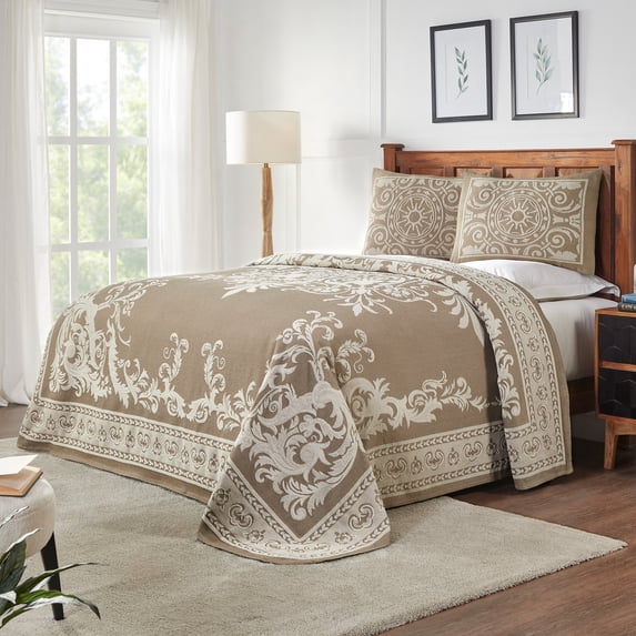 BNM Cotton Blend Vintage Medallion Bedspread Set, King, Taupe