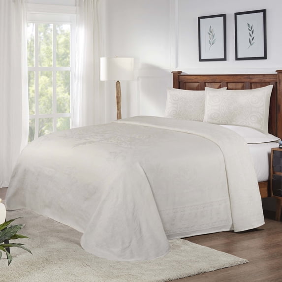 BNM Cotton Blend Vintage Medallion Bedspread Set, Queen, Off White