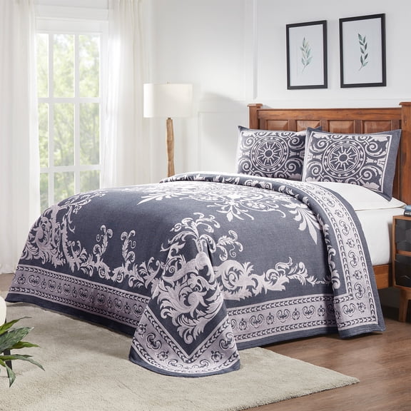BNM Cotton Blend Vintage Medallion Bedspread Set, Twin, Denim Blue