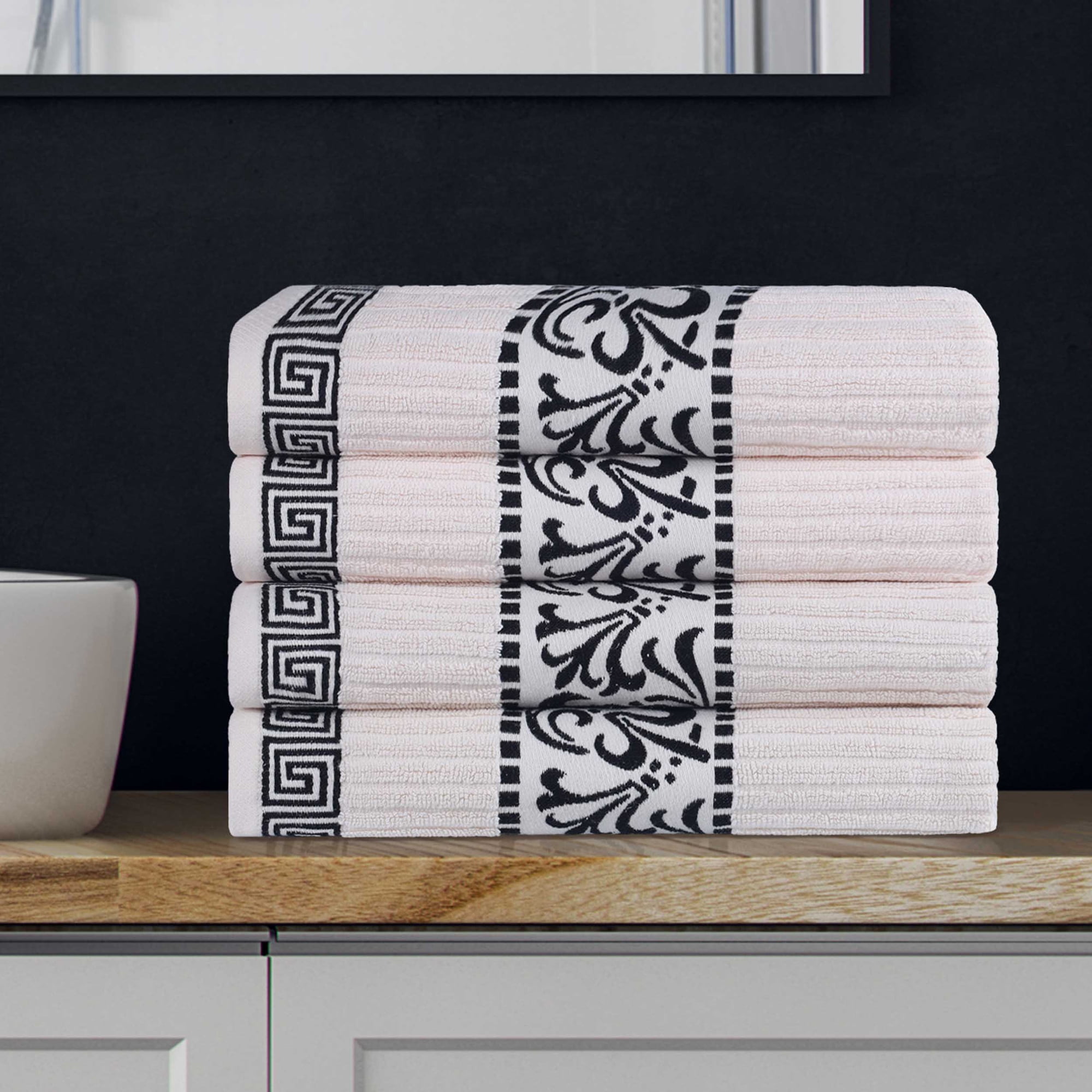 BNM Cotton Decorative Border 4 Piece Towel Set, Ivory-Black