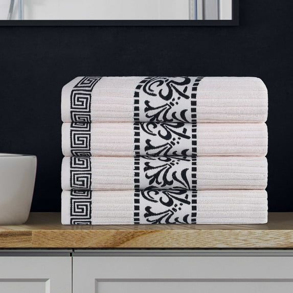 BNM Cotton Decorative Border 4 Piece Towel Set, Ivory-Black