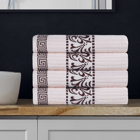 BNM Cotton Decorative Border 4 Piece Towel Set, Ivory-Chocolate