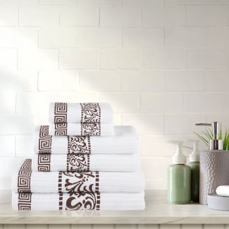 BNM Cotton Greek Scroll 6 Piece Towel Set, White/Chocolate