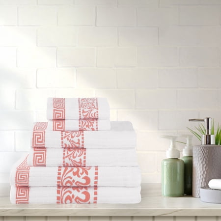 BNM Cotton Greek Scroll 6 Piece Towel Set, White/Coral