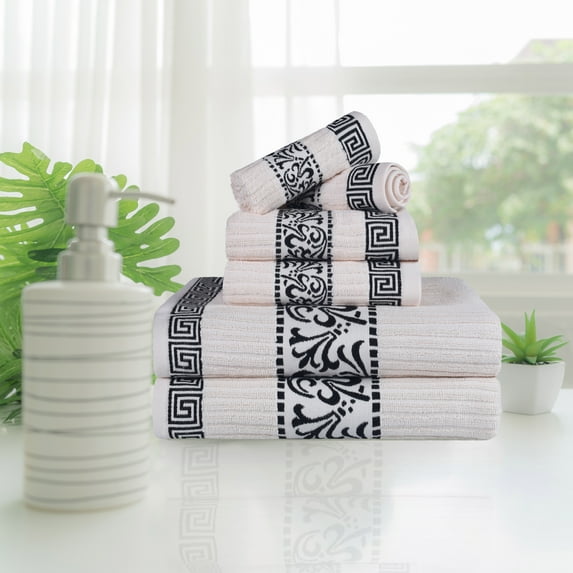 BNM Cotton Greek Scroll 6 Piece Towel Set, Ivory/Black