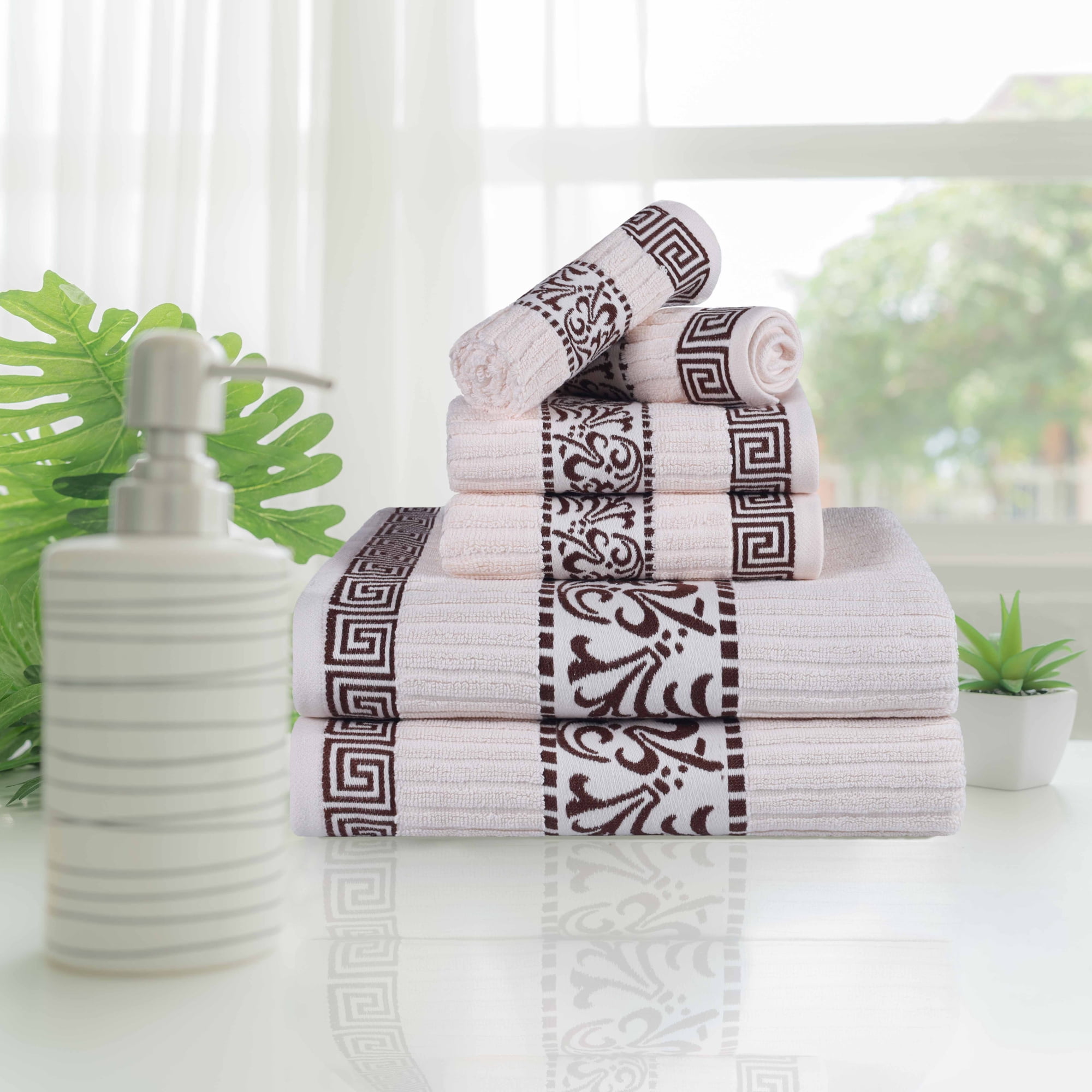 BNM Cotton Greek Scroll 6 Piece Towel Set, Ivory/Chocolate