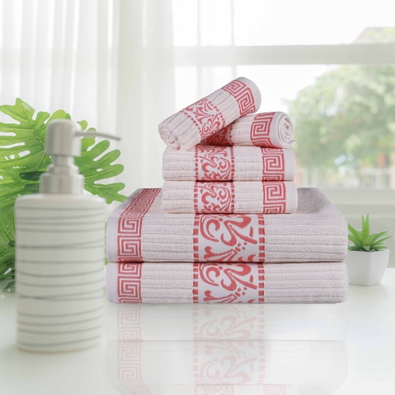 BNM Cotton Greek Scroll 6 Piece Towel Set, Ivory/Coral