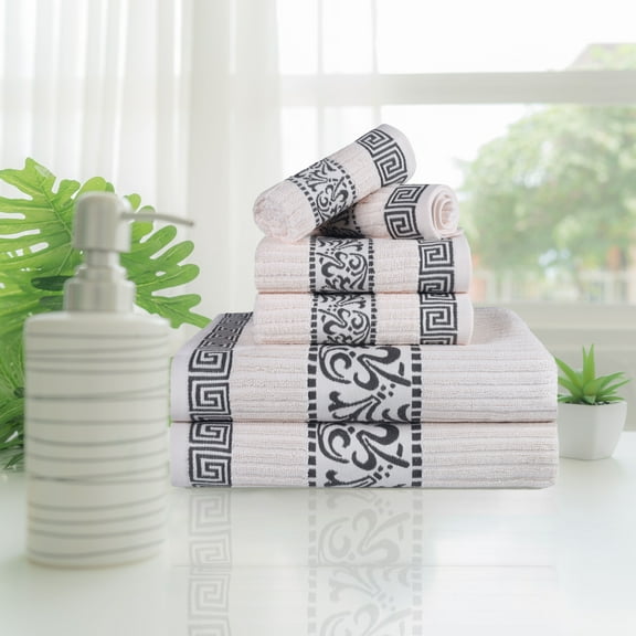 BNM Cotton Greek Scroll 6 Piece Towel Set, Ivory/Gray