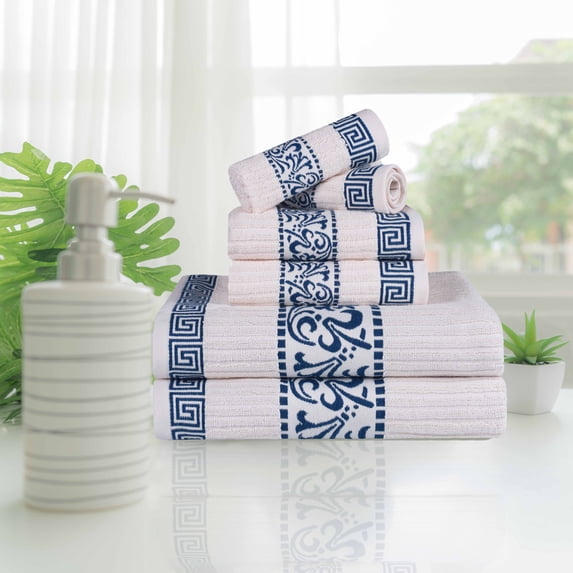 BNM Cotton Greek Scroll 6 Piece Towel Set, Ivory/Navy