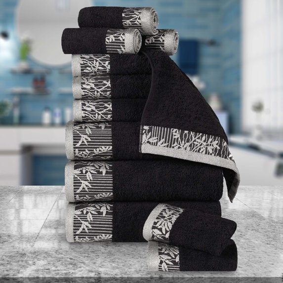 BNM Cotton Floral Border 12 Piece Assorted Towel Set, Black