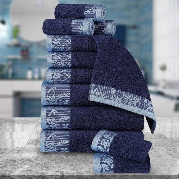 BNM Cotton Floral Border 12 Piece Assorted Towel Set, Navy Blue