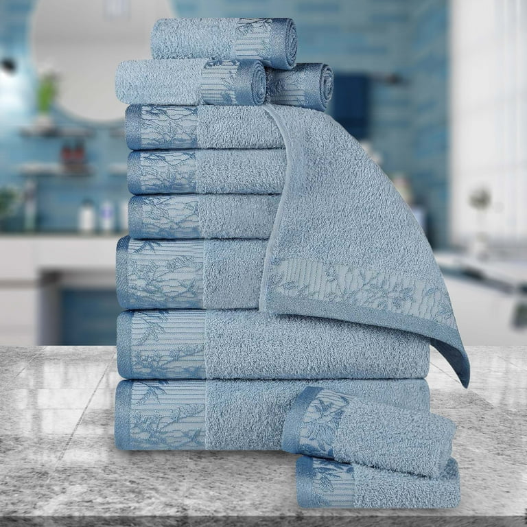 100% Cotton Medium Weight Floral Border 12 Piece Assorted Bathroom Towel  Set, White - Blue Nile Mills