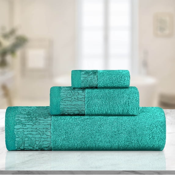 BNM Cotton Floral Border 3 Piece Assorted Towel Set, Turquoise