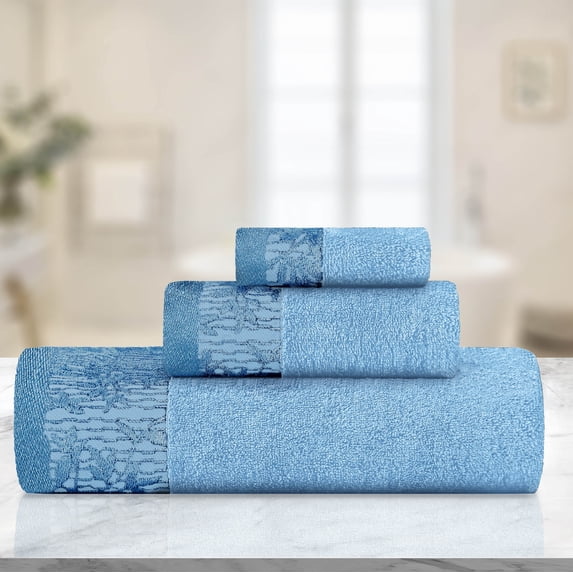 BNM Cotton Floral Border 3 Piece Assorted Towel Set, Waterfall