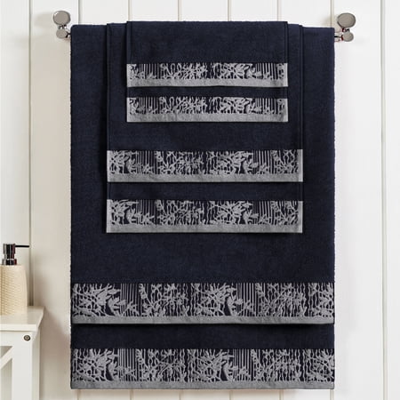 BNM Cotton Floral Border 6 Piece Assorted Towel Set, Black