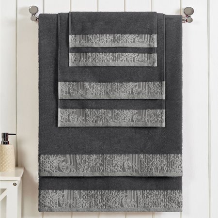 BNM Cotton Floral Border 6 Piece Assorted Towel Set, Grey