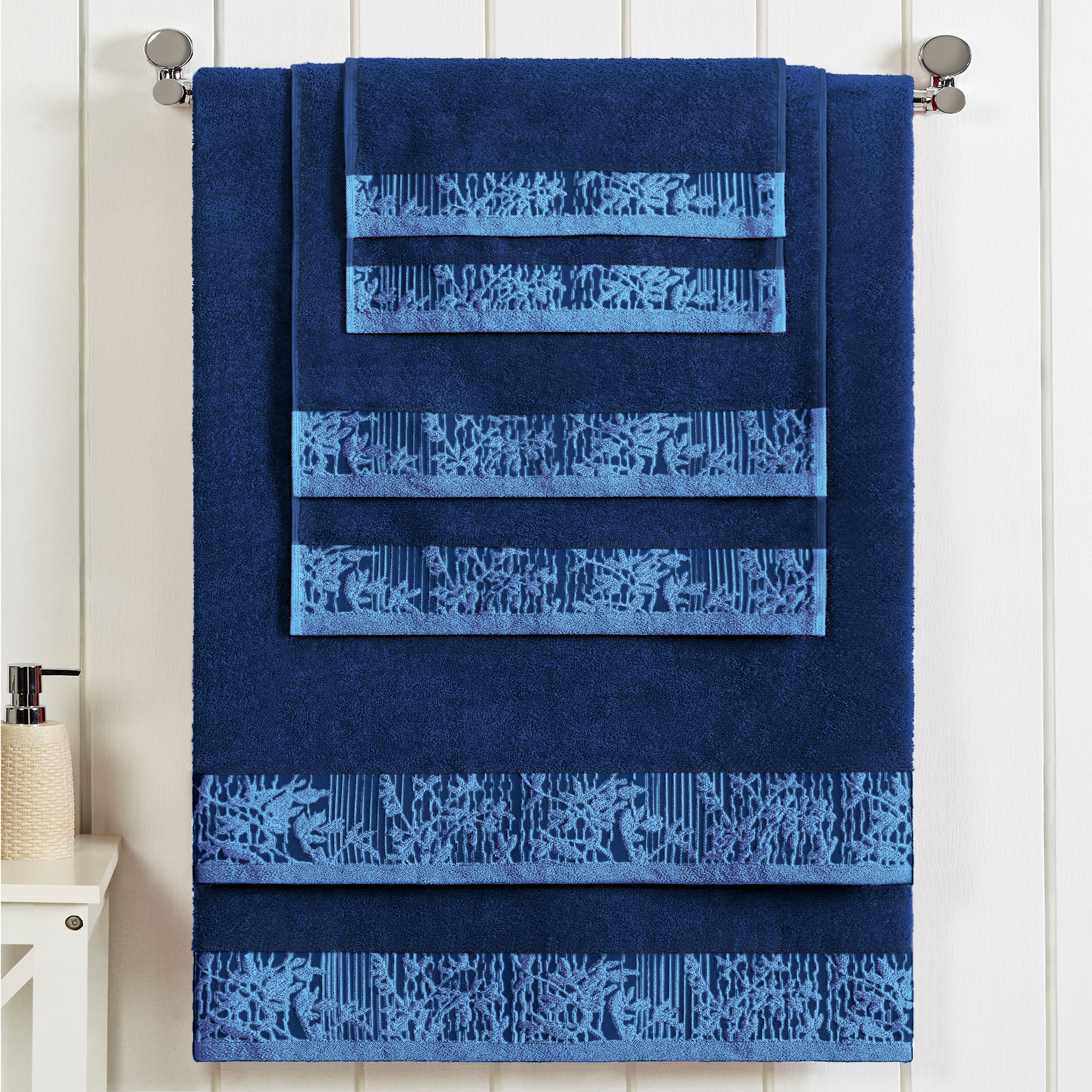 BNM Cotton Floral Border 6 Piece Assorted Towel Set, Navy Blue