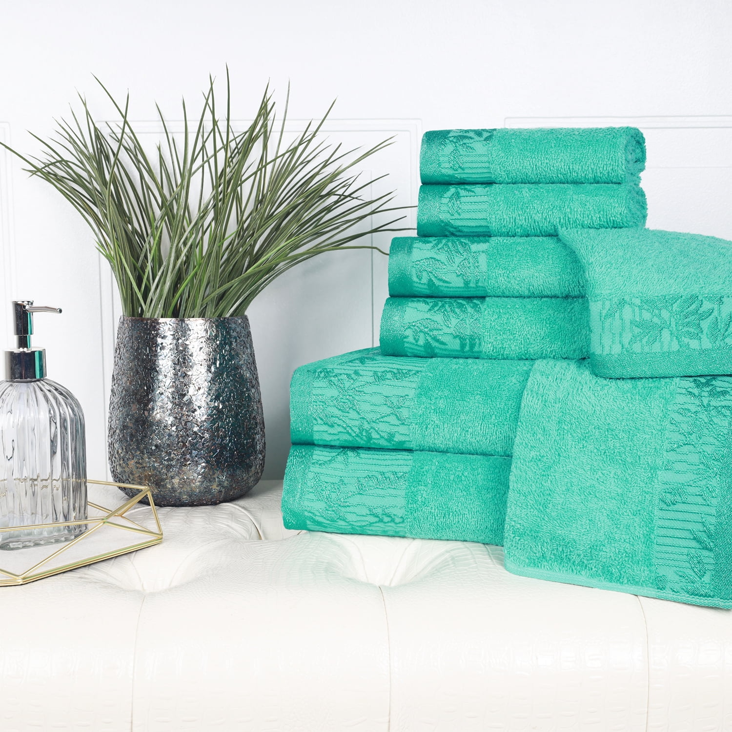 100% Cotton Medium Weight Floral Border Bath Towels (Set of 2), White-White  - Blue Nile Mills
