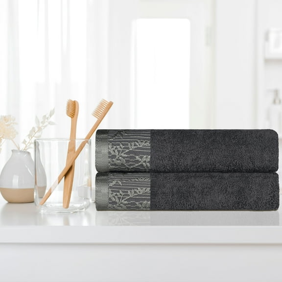BNM Cotton Floral Border Bath Towel Set of 2, Grey