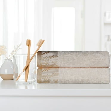 BNM Cotton Floral Border Bath Towel Set of 2, Ivory