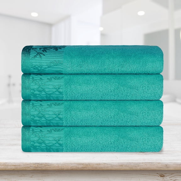 BNM Cotton Floral Border Bath Towel Set of 4, Turquoise
