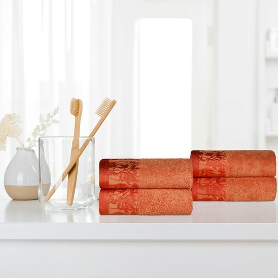 BNM Cotton Floral Border Hand Towel Set of 4, Mandarin