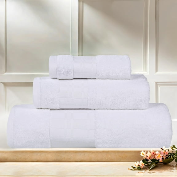 BNM Cotton Geometric Embroidered 3 Piece Towel Set, White/White