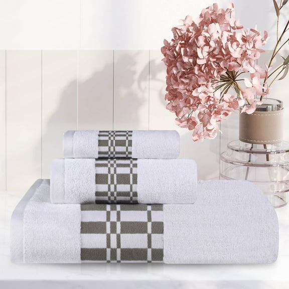 BNM Cotton Geometric Embroidered 3 Piece Towel Set, White