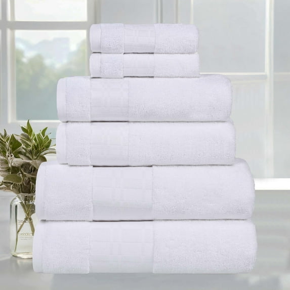 BNM Cotton Geometric Embroidered 6 Piece Towel Set, White/White