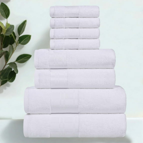 BNM Cotton Geometric Embroidered 8 Piece Towel Set, White/White